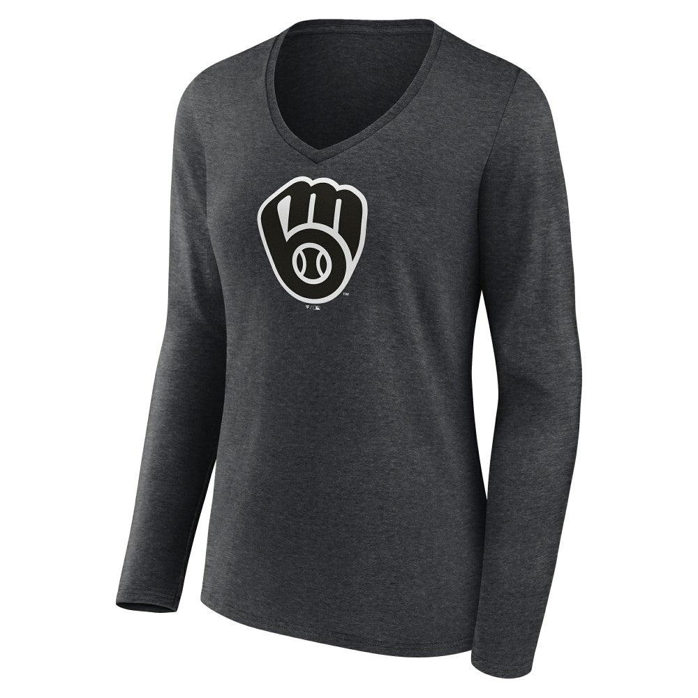 Milwaukee Brewers Women's Monochrome Long Sleeve V-Neck T-Shirt Charcoal