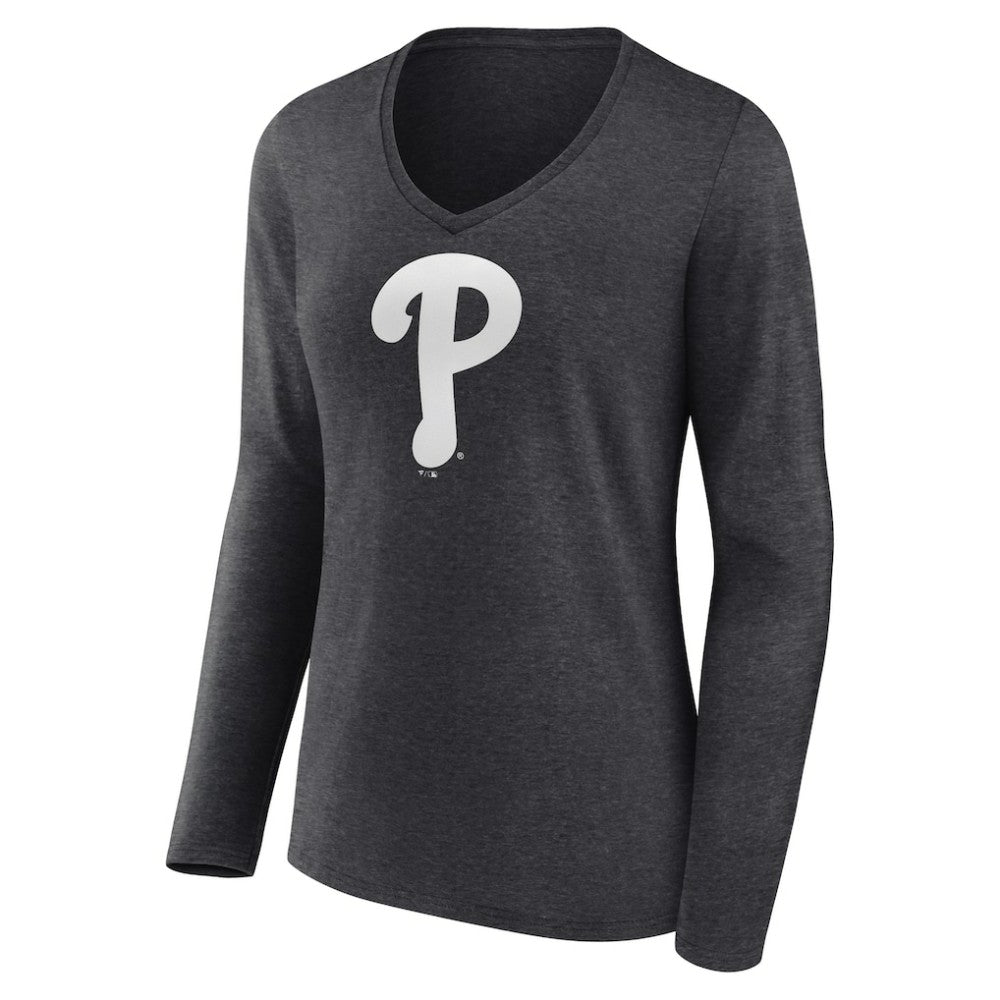 Philadelphia Phillies Women's Monochrome Long Sleeve V-Neck T-Shirt Charcoal