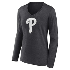 Philadelphia Phillies Women's Monochrome Long Sleeve V-Neck T-Shirt Charcoal