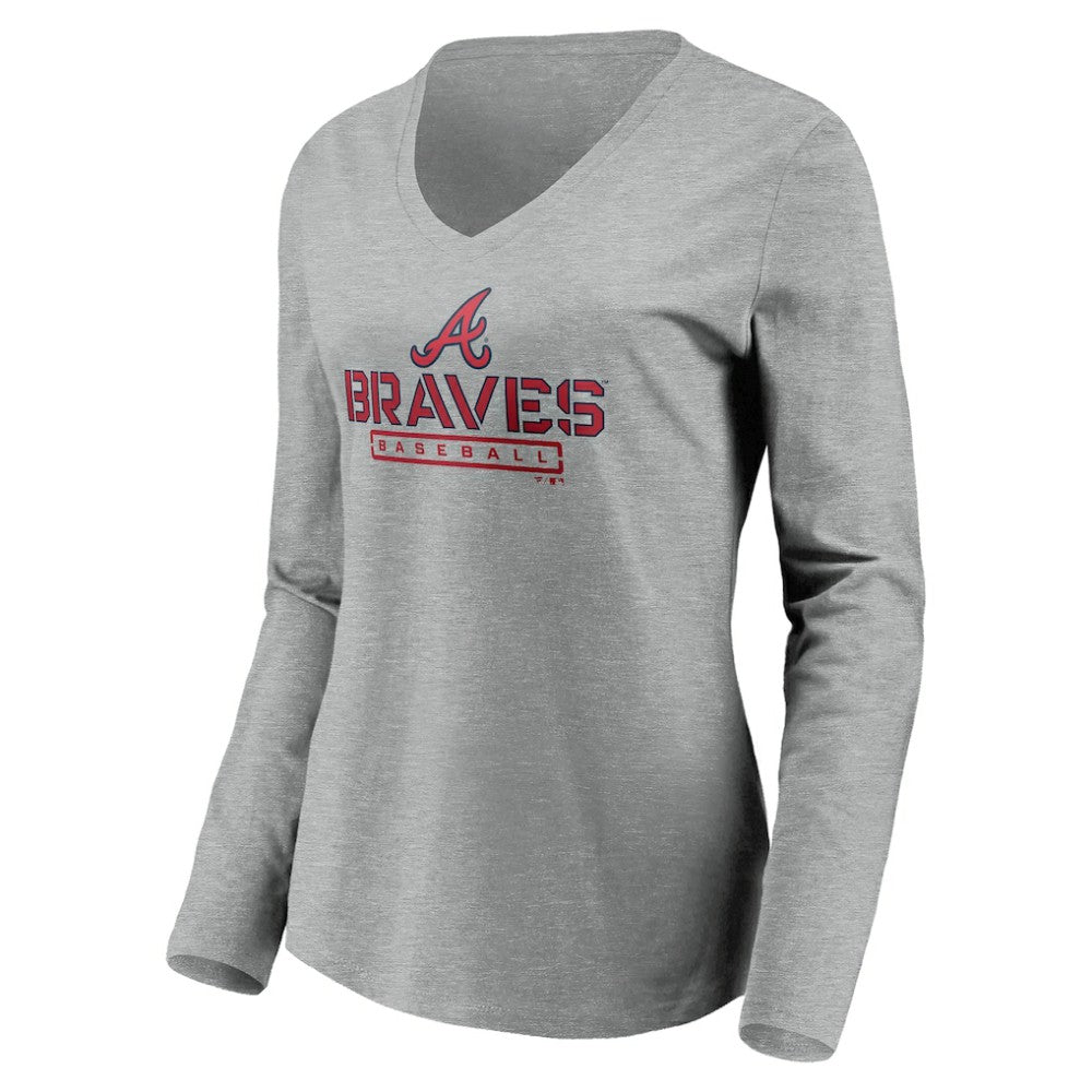 Atlanta Braves Women's Evanston Stencil Long Sleeve V-Neck T-Shirt Gray