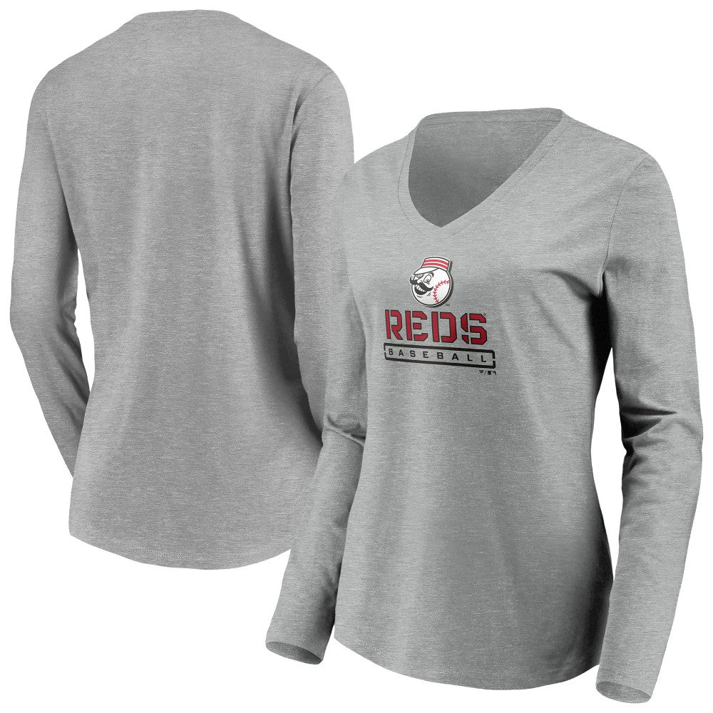 Cincinnati Reds Women's Evanston Stencil Long Sleeve V-Neck T-Shirt Gray