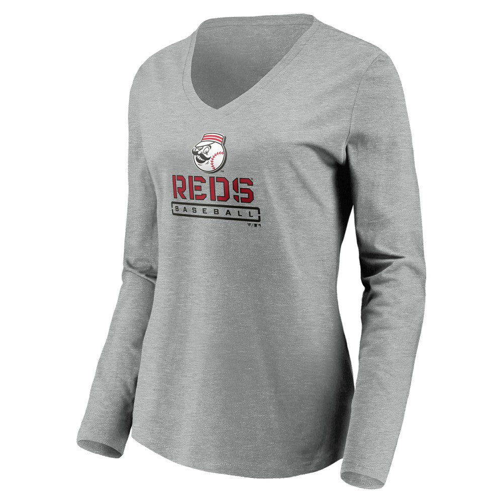 Cincinnati Reds Women's Evanston Stencil Long Sleeve V-Neck T-Shirt Gray