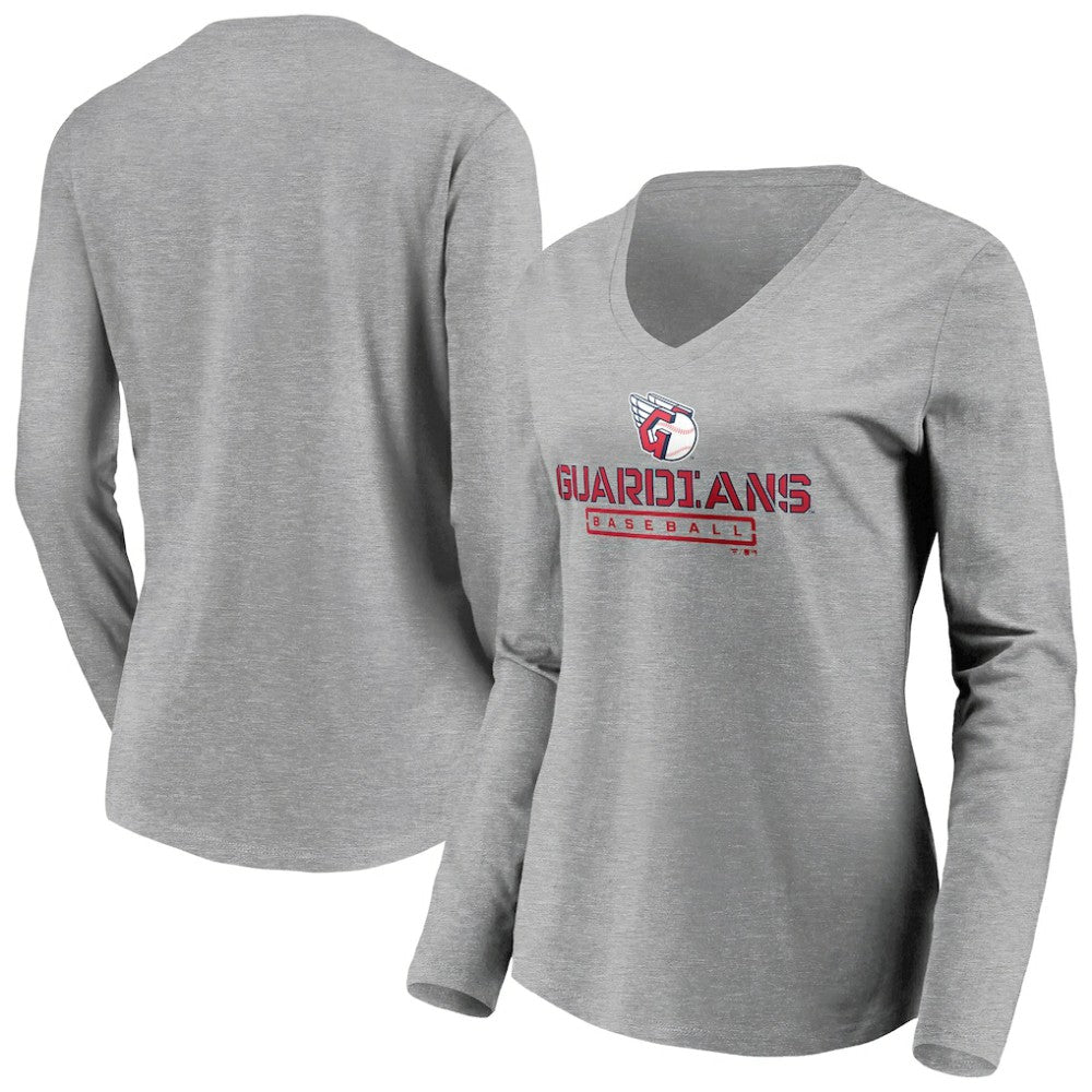 Cleveland Guardians Women's Evanston Stencil Long Sleeve V-Neck T-Shirt Gray