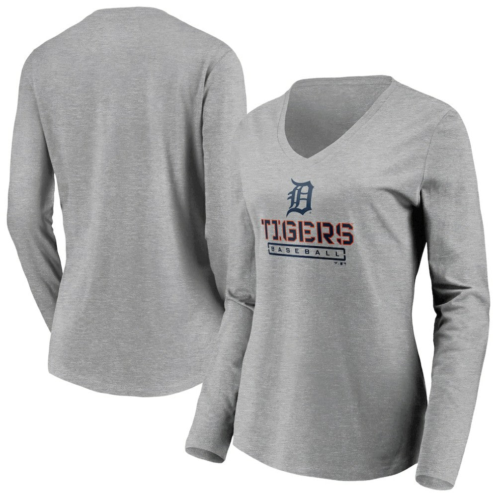 Detroit Tigers Women's Evanston Stencil Long Sleeve V-Neck T-Shirt Gray