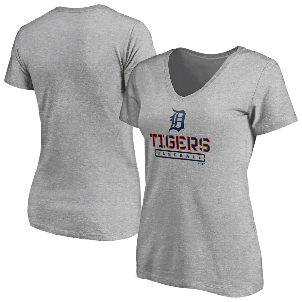 Detroit Tigers Women's Evanston Stencil V-Neck T-Shirt Gray