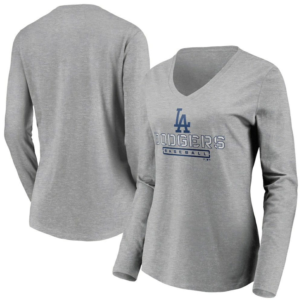 Los Angeles Dodgers Women's Evanston Stencil Long Sleeve V-Neck T-Shirt Gray