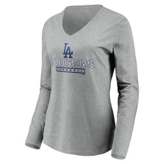 Los Angeles Dodgers Women's Evanston Stencil Long Sleeve V-Neck T-Shirt Gray