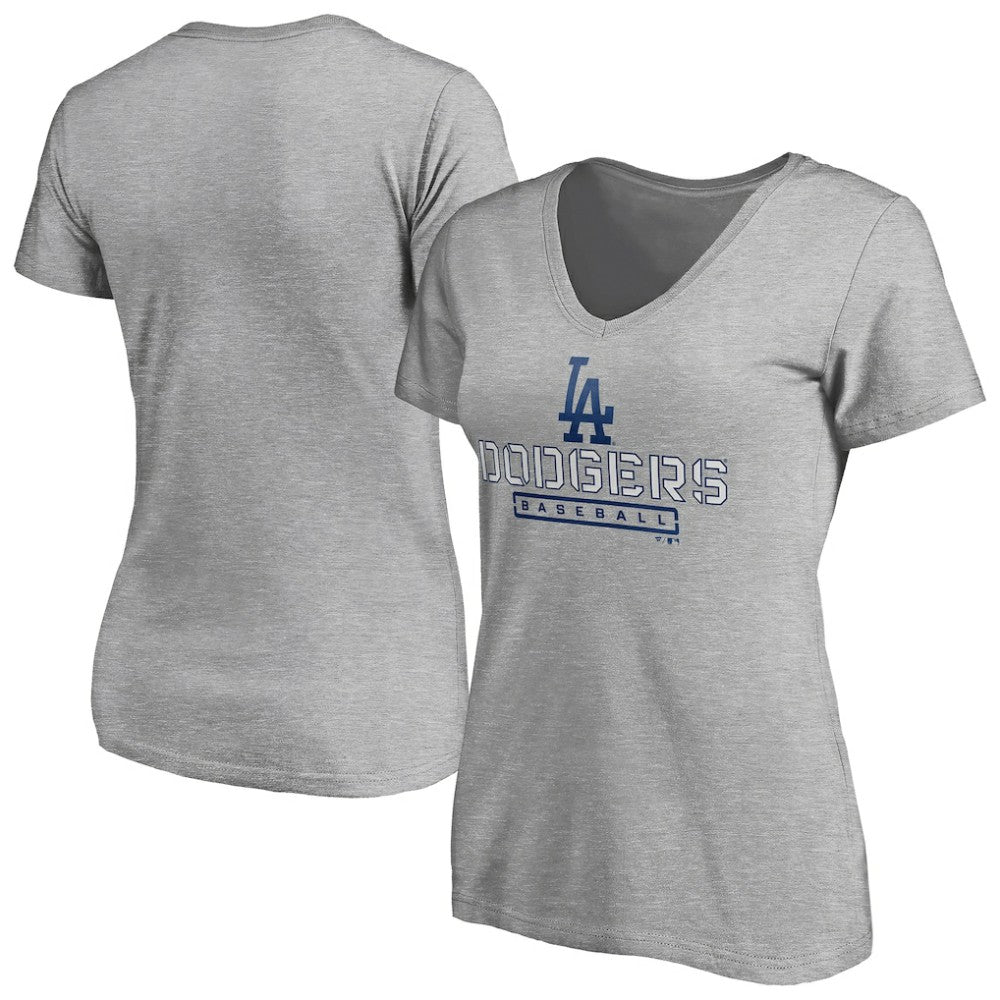 Los Angeles Dodgers Women's Evanston Stencil V-Neck T-Shirt Gray