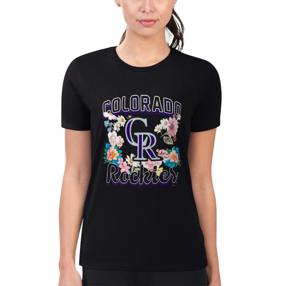 Colorado Rockies G-III 4Her by Carl Banks Women's Super-Slim Fit Lightweight Flowers Graphic T-Shirt Black