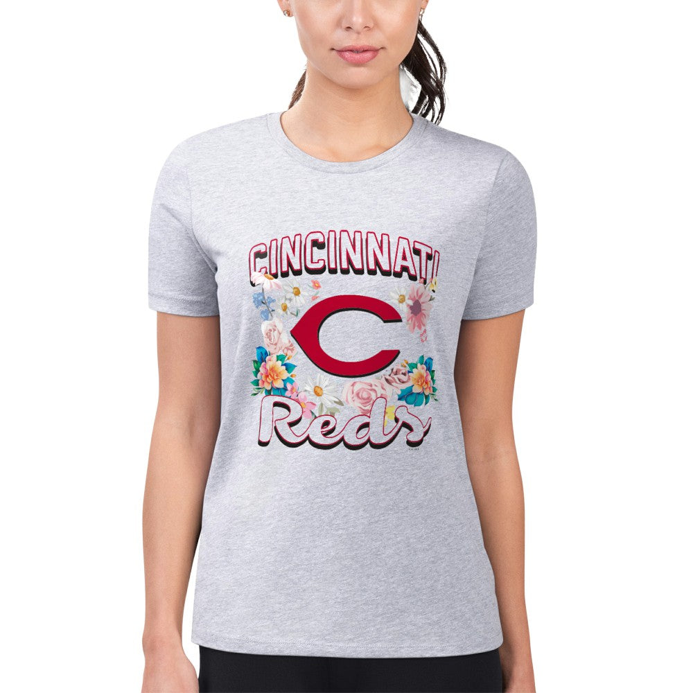 Cincinnati Reds G-III 4Her by Carl Banks Women's Super-Slim Fit Lightweight Flowers Graphic T-Shirt Heather Gray