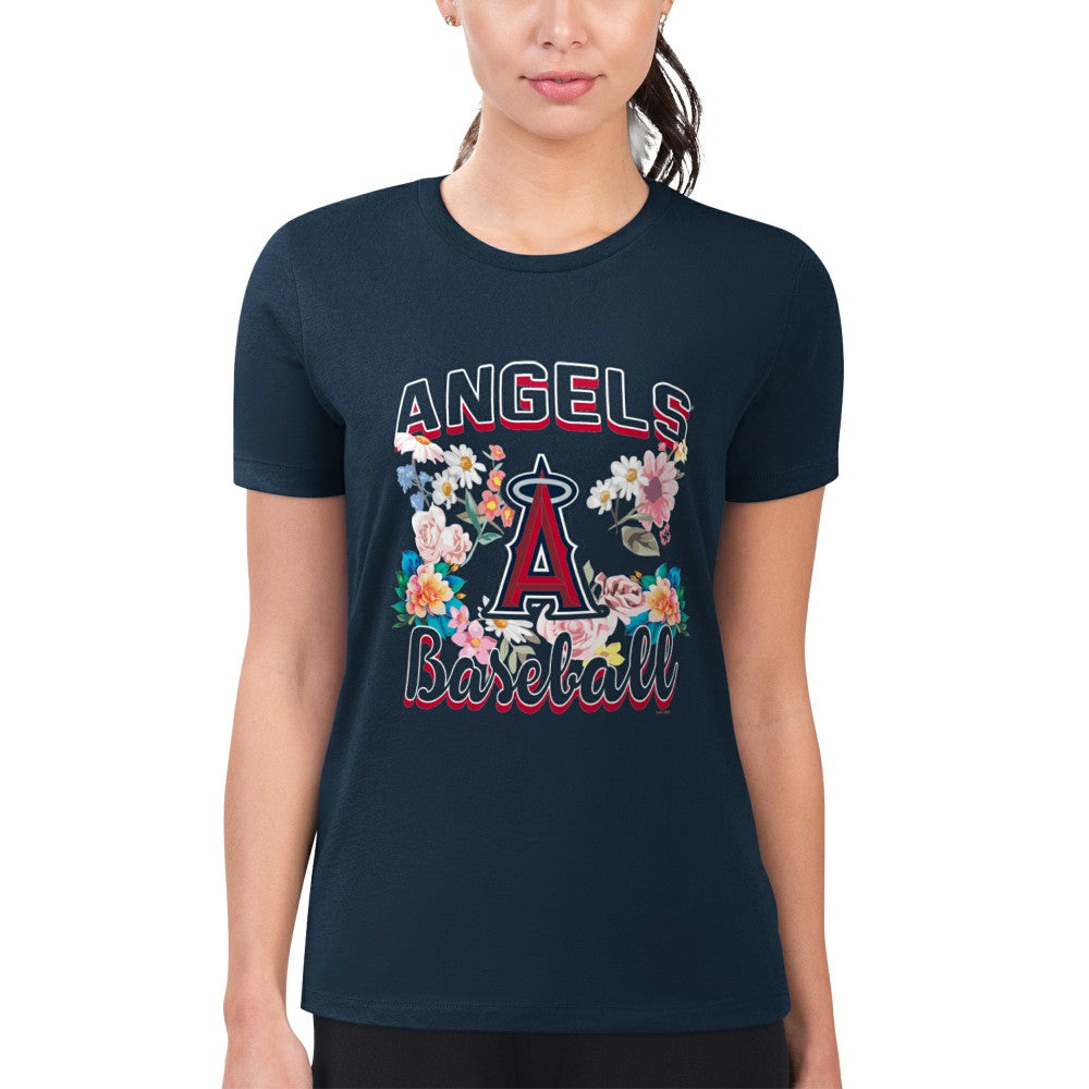 Los Angeles Angels G-III 4Her by Carl Banks Women's Super-Slim Fit Lightweight Flowers Graphic T-Shirt Navy