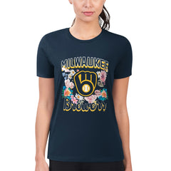 Milwaukee Brewers G-III 4Her by Carl Banks Women's Super-Slim Fit Lightweight Flowers Graphic T-Shirt Navy