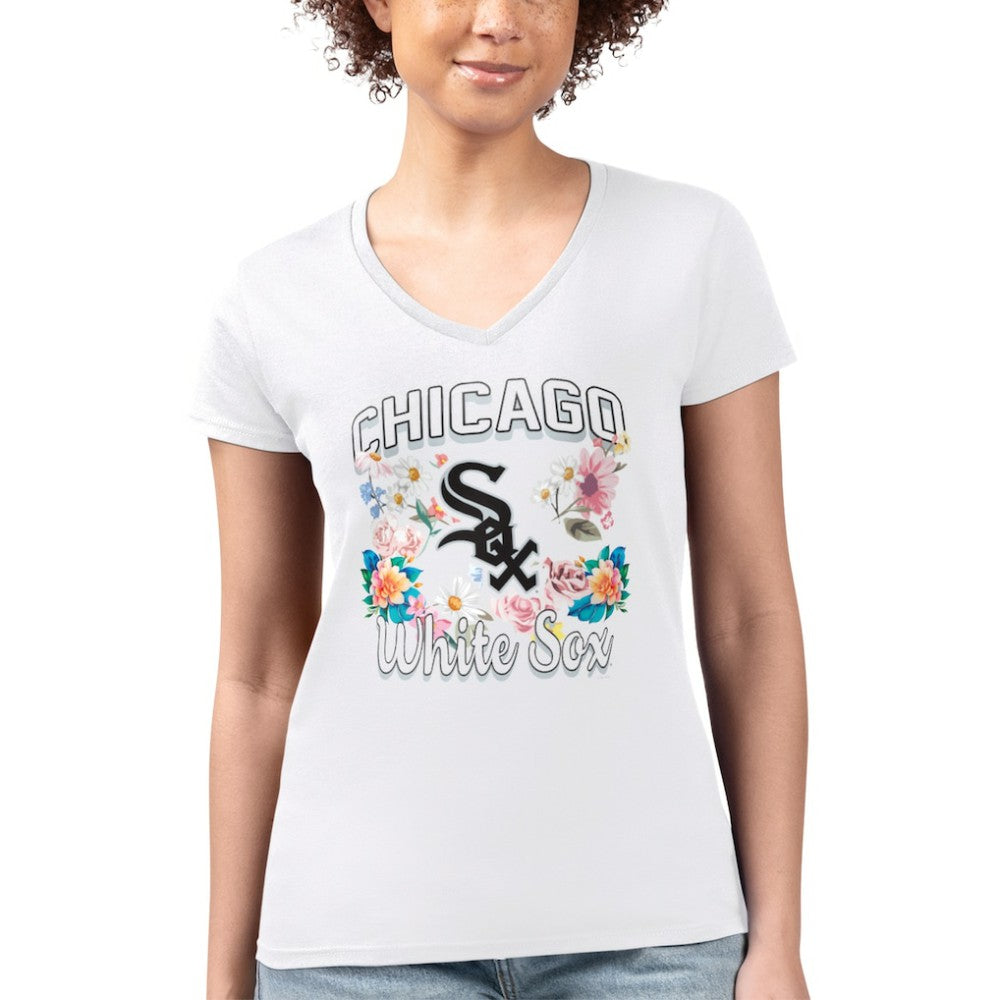 Chicago White Sox G-III 4Her by Carl Banks Women's Super-Slim Fit Lightweight Flowers Graphic V-Neck T-Shirt White