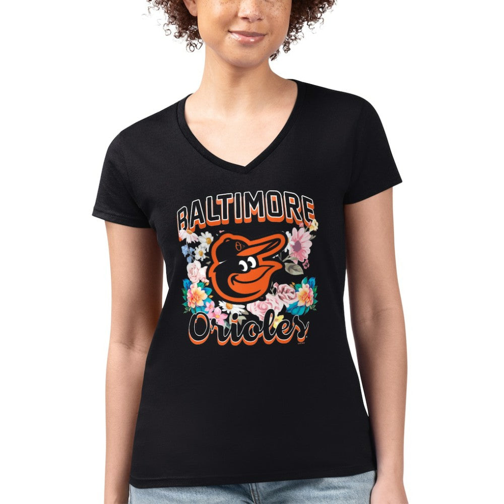 Baltimore Orioles G-III 4Her by Carl Banks Women's Super-Slim Fit Lightweight Flowers Graphic V-Neck T-Shirt Black