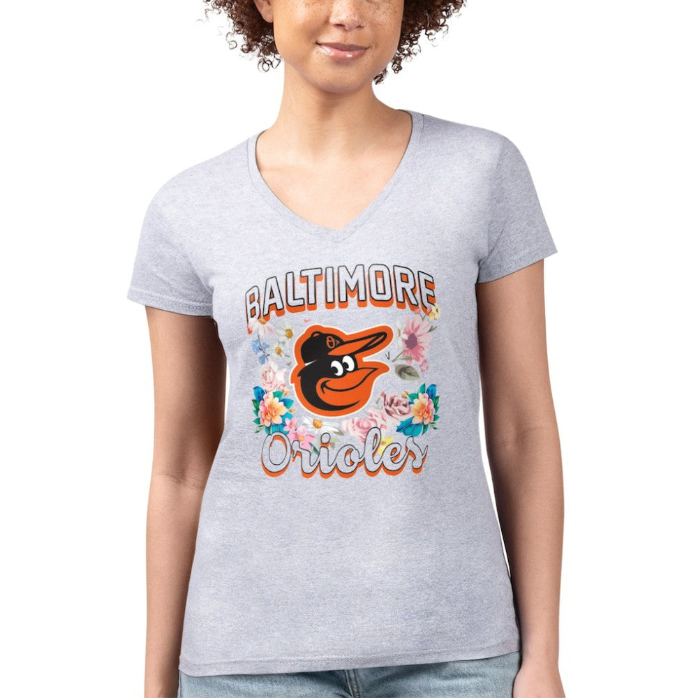 Baltimore Orioles G-III 4Her by Carl Banks Women's Super-Slim Fit Lightweight Flowers Graphic V-Neck T-Shirt Heather Gray