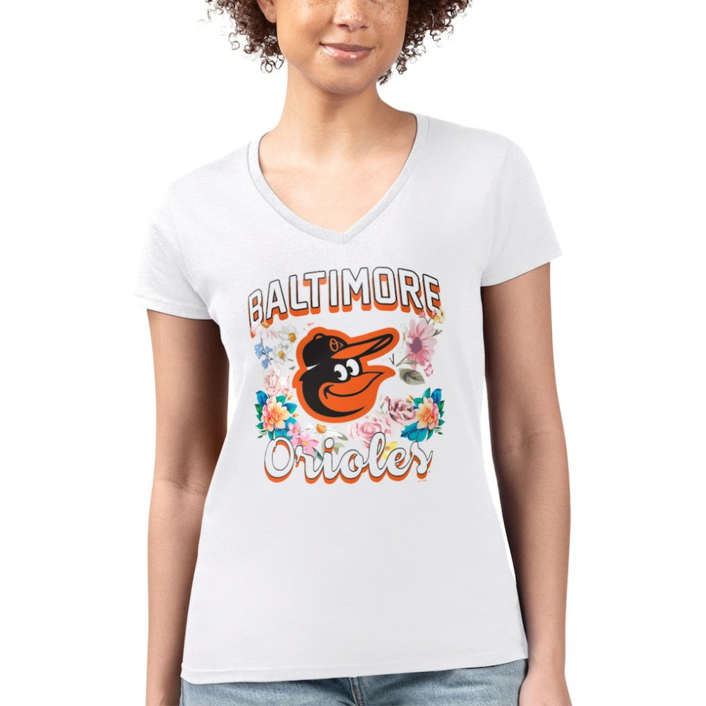 Baltimore Orioles G-III 4Her by Carl Banks Women's Super-Slim Fit Lightweight Flowers Graphic V-Neck T-Shirt White