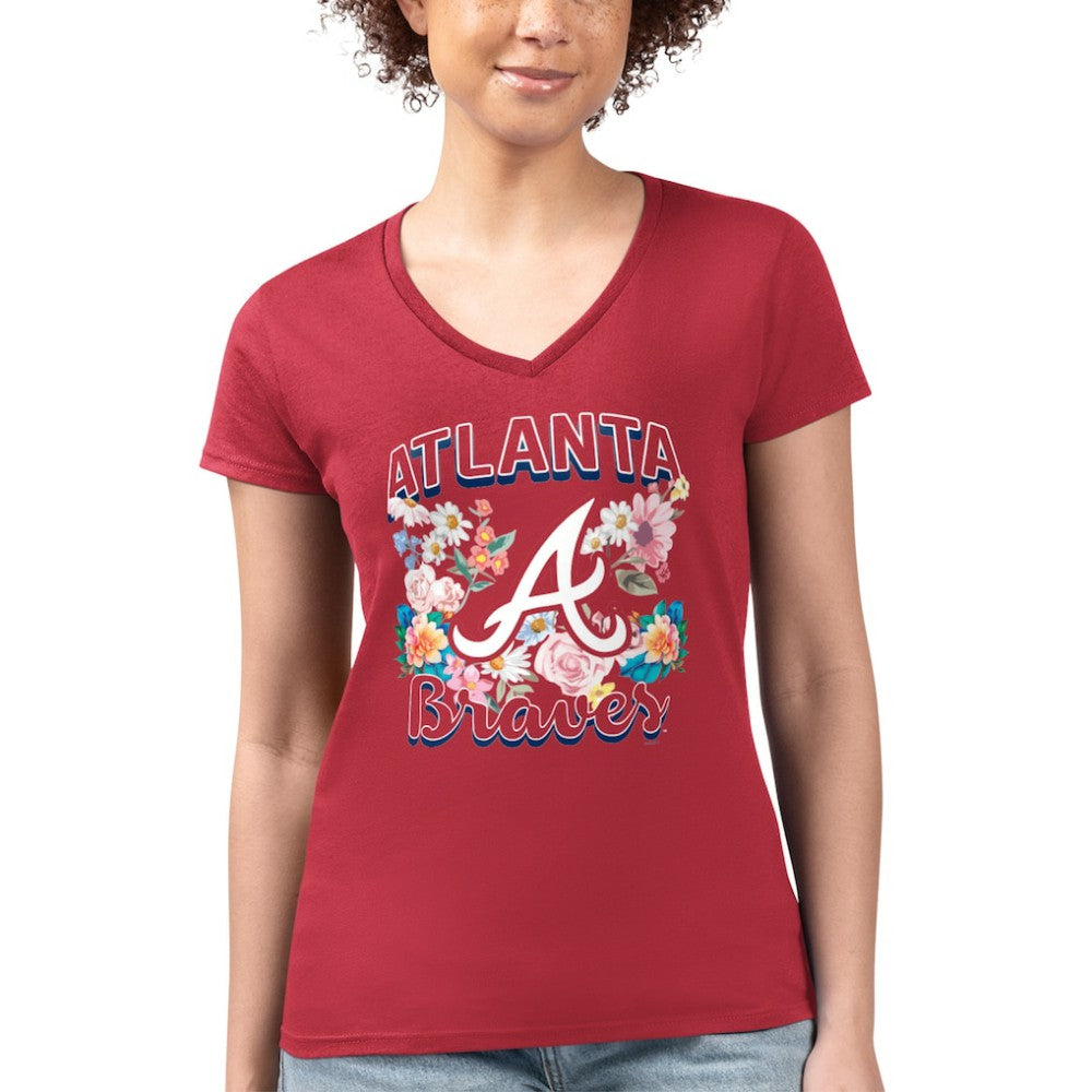 Atlanta Braves G-III 4Her by Carl Banks Women's Super-Slim Fit Lightweight Flowers Graphic V-Neck T-Shirt Red