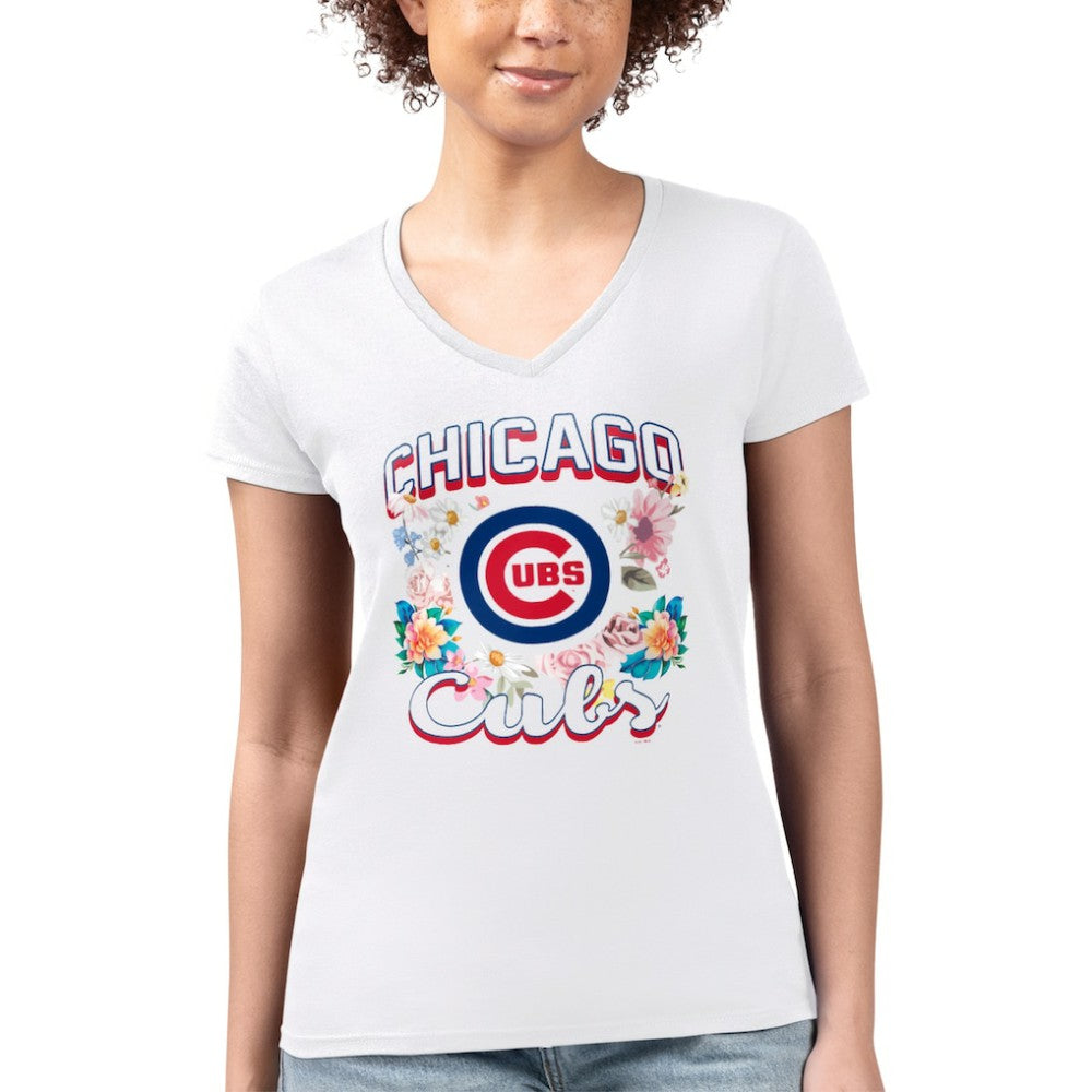 Chicago Cubs G-III 4Her by Carl Banks Women's Super-Slim Fit Lightweight Flowers Graphic V-Neck T-Shirt White