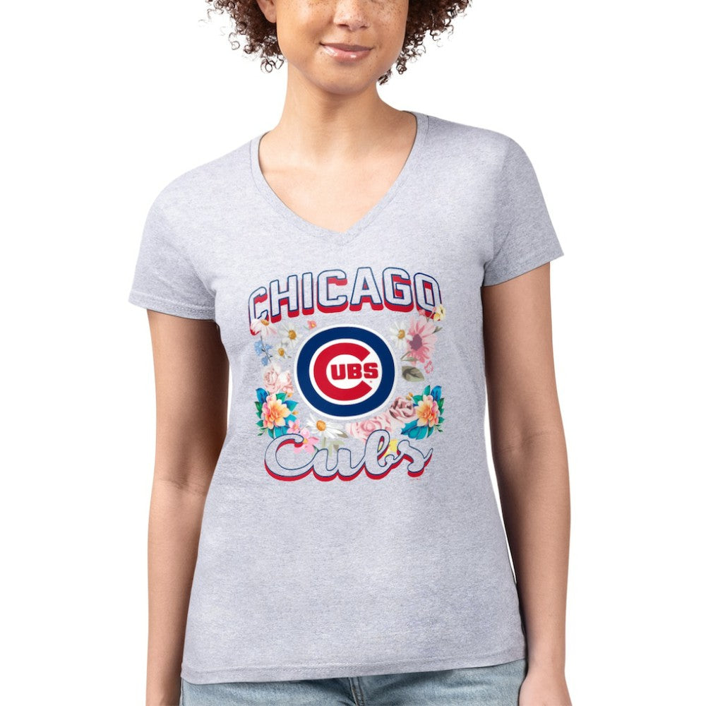 Chicago Cubs G-III 4Her by Carl Banks Women's Super-Slim Fit Lightweight Flowers Graphic V-Neck T-Shirt Heather Gray
