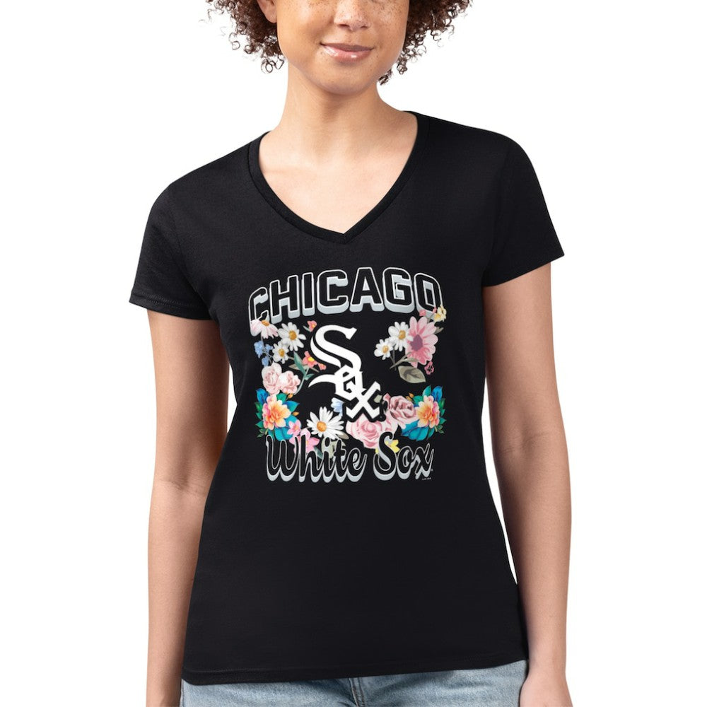 Chicago White Sox G-III 4Her by Carl Banks Women's Super-Slim Fit Lightweight Flowers Graphic V-Neck T-Shirt Black