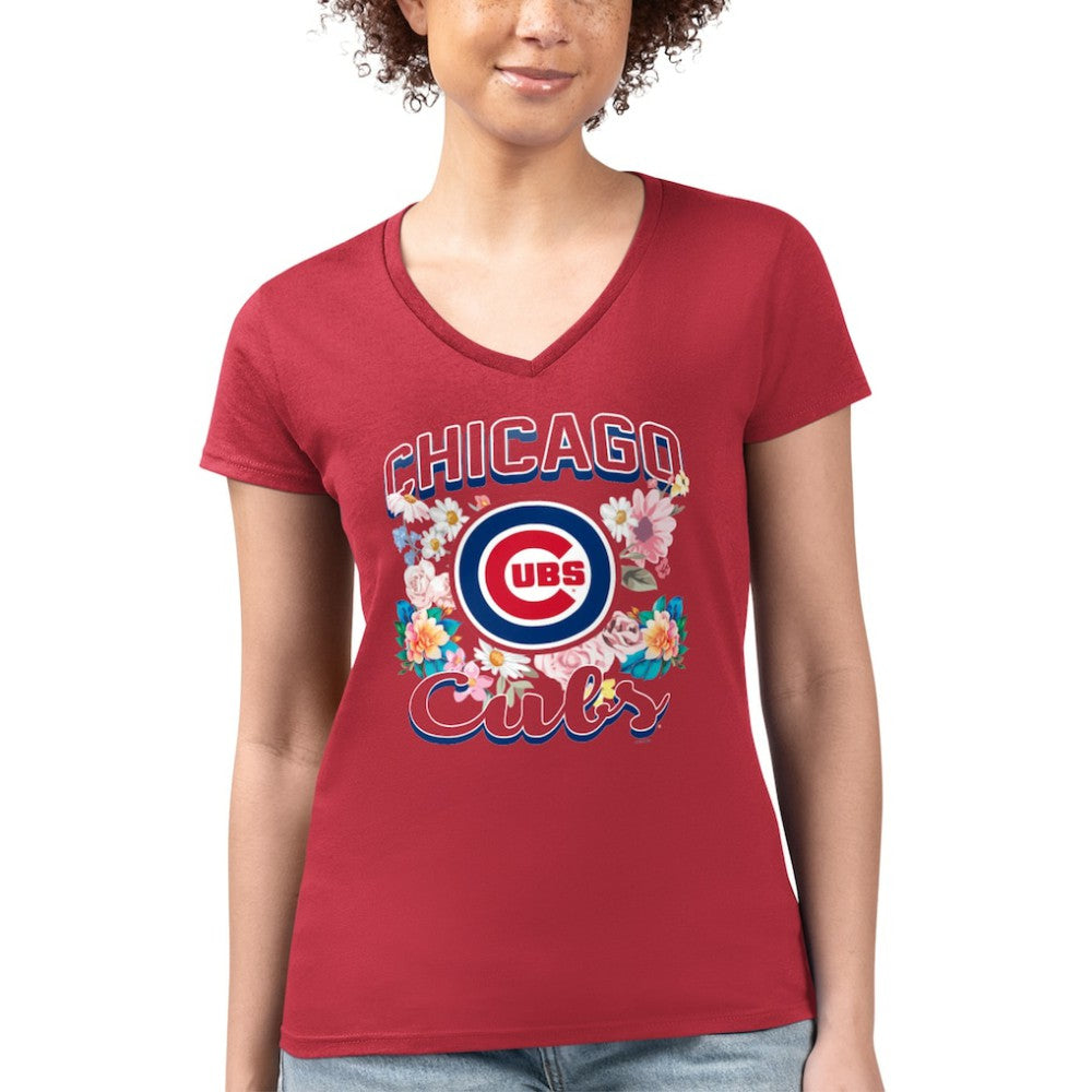 Chicago Cubs G-III 4Her by Carl Banks Women's Super-Slim Fit Lightweight Flowers Graphic V-Neck T-Shirt Red
