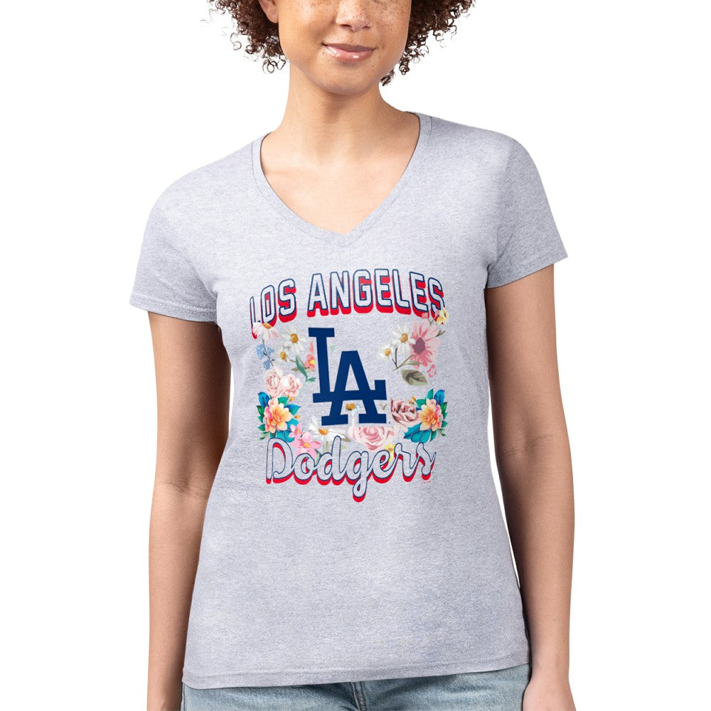 Los Angeles Dodgers G-III 4Her by Carl Banks Women's Super-Slim Fit Lightweight Flowers Graphic V-Neck T-Shirt Heather Gray