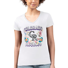Colorado Rockies G-III 4Her by Carl Banks Women's Super-Slim Fit Lightweight Flowers Graphic V-Neck T-Shirt White