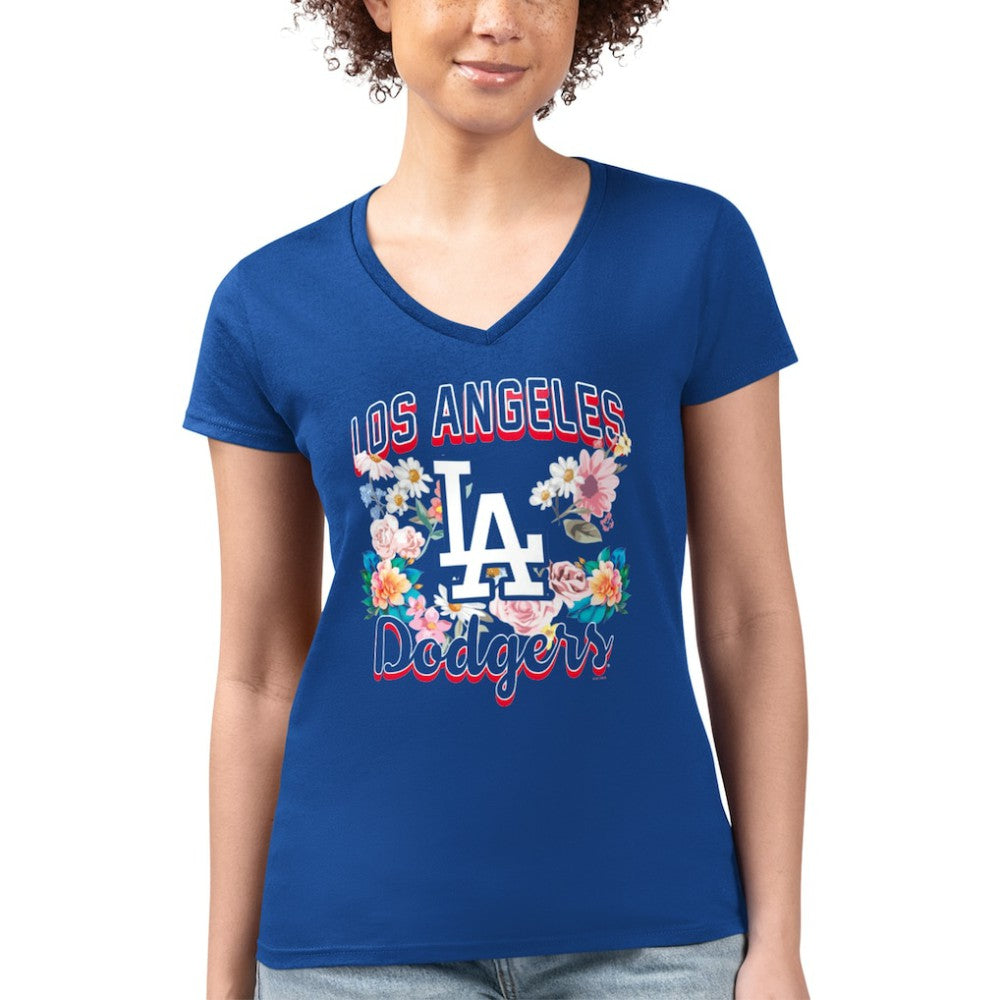 Los Angeles Dodgers G-III 4Her by Carl Banks Women's Super-Slim Fit Lightweight Flowers Graphic V-Neck T-Shirt Royal