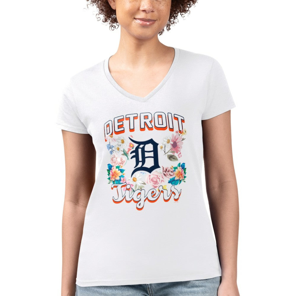 Detroit Tigers G-III 4Her by Carl Banks Women's Super-Slim Fit Lightweight Flowers Graphic V-Neck T-Shirt White