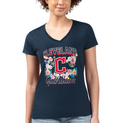 Cleveland Guardians G-III 4Her by Carl Banks Women's Super-Slim Fit Lightweight Flowers Graphic V-Neck T-Shirt Navy