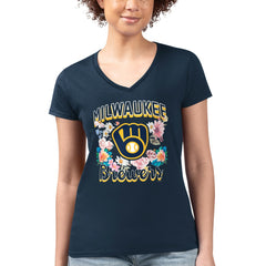 Milwaukee Brewers G-III 4Her by Carl Banks Women's Super-Slim Fit Lightweight Flowers Graphic V-Neck T-Shirt Navy