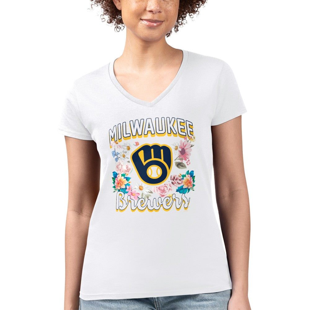 Milwaukee Brewers G-III 4Her by Carl Banks Women's Super-Slim Fit Lightweight Flowers Graphic V-Neck T-Shirt White