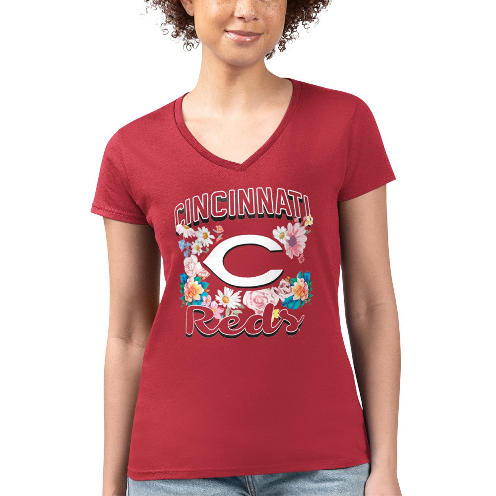 Cincinnati Reds G-III 4Her by Carl Banks Women's Super-Slim Fit Lightweight Flowers Graphic V-Neck T-Shirt Red