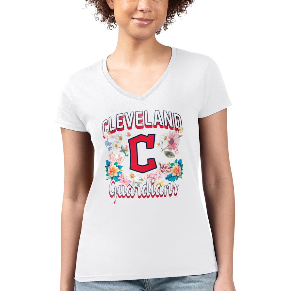 Cleveland Guardians G-III 4Her by Carl Banks Women's Super-Slim Fit Lightweight Flowers Graphic V-Neck T-Shirt White