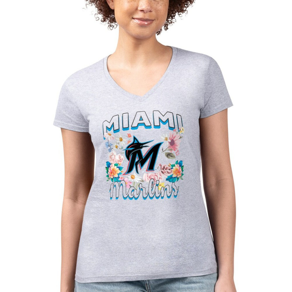 Miami Marlins G-III 4Her by Carl Banks Women's Super-Slim Fit Lightweight Flowers Graphic V-Neck T-Shirt Heather Gray