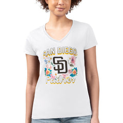 San Diego Padres G-III 4Her by Carl Banks Women's Super-Slim Fit Lightweight Flowers Graphic V-Neck T-Shirt White