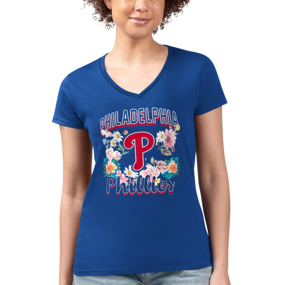 Philadelphia Phillies G-III 4Her by Carl Banks Women's Super-Slim Fit Lightweight Flowers Graphic V-Neck T-Shirt Royal