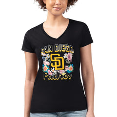 San Diego Padres G-III 4Her by Carl Banks Women's Super-Slim Fit Lightweight Flowers Graphic V-Neck T-Shirt Black