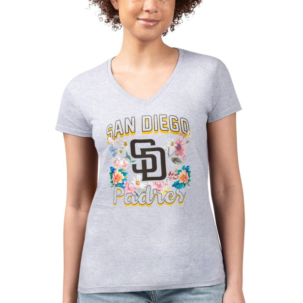 San Diego Padres G-III 4Her by Carl Banks Women's Super-Slim Fit Lightweight Flowers Graphic V-Neck T-Shirt Heather Gray