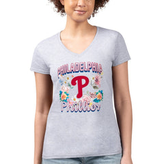 Philadelphia Phillies G-III 4Her by Carl Banks Women's Super-Slim Fit Lightweight Flowers Graphic V-Neck T-Shirt Heather Gray