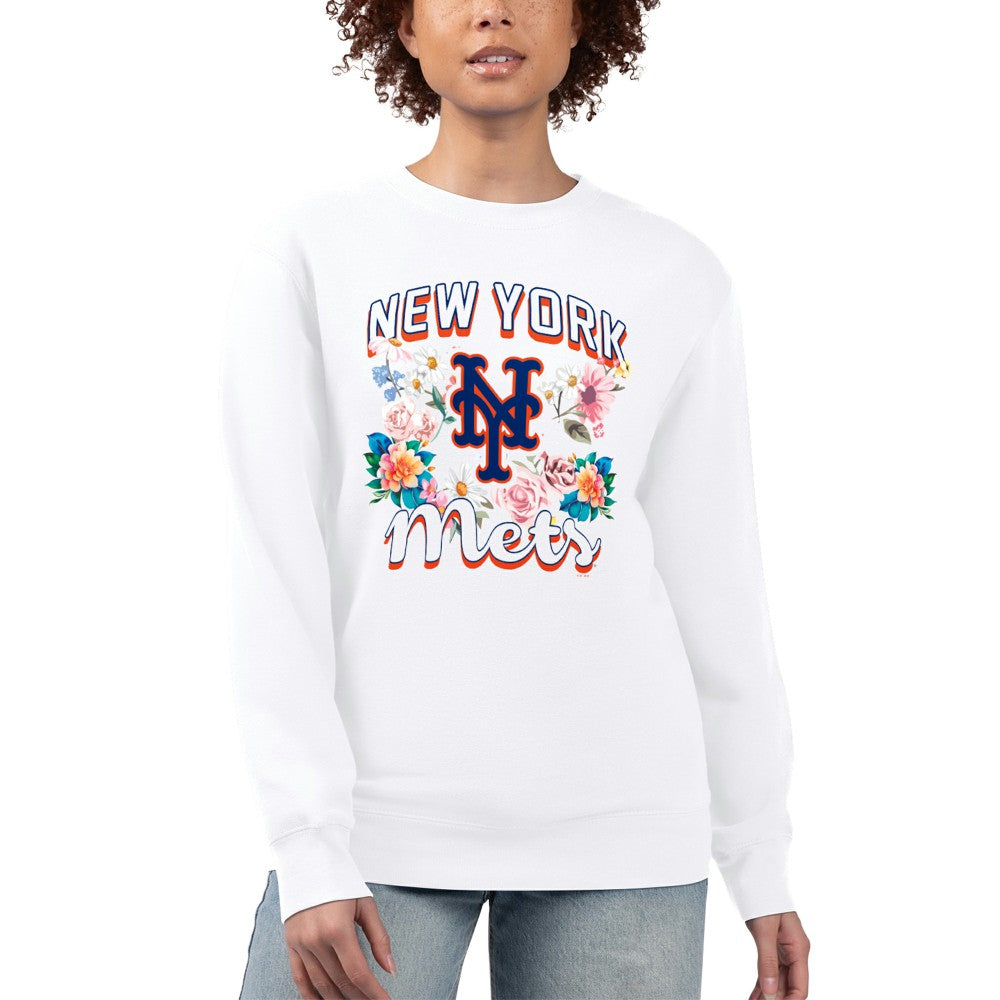 New York Mets G-III 4Her by Carl Banks Women's Flowers Graphic Pullover Sweatshirt White