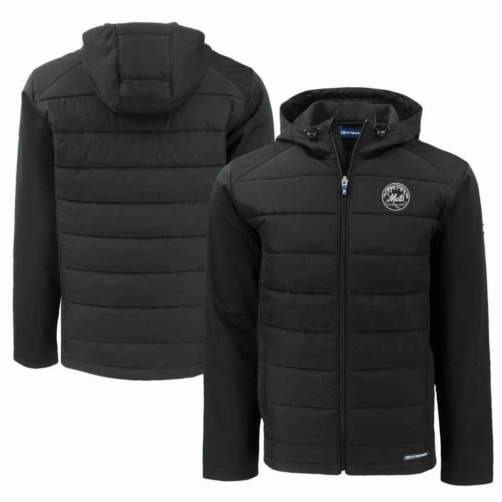 New York Mets Cutter & Buck Big & Tall Evoke Hybrid Eco Softshell Recycled Full-Zip Hooded PrimaLoft Jacket Black