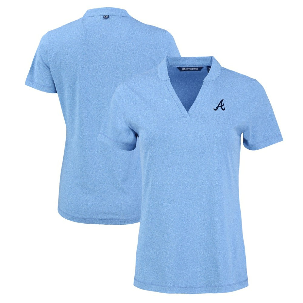 Atlanta Braves Cutter & Buck Women's Forge Stretch Blade DryTec V-Neck Polo Heather Light Blue