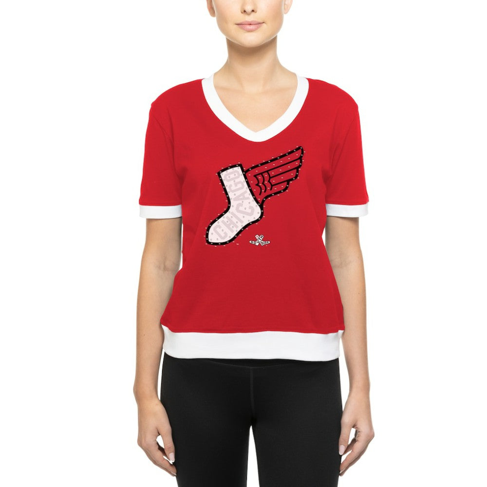Chicago White Sox Women's 2025 City Connect Rhinestone V-Neck T-Shirt Red | New Era