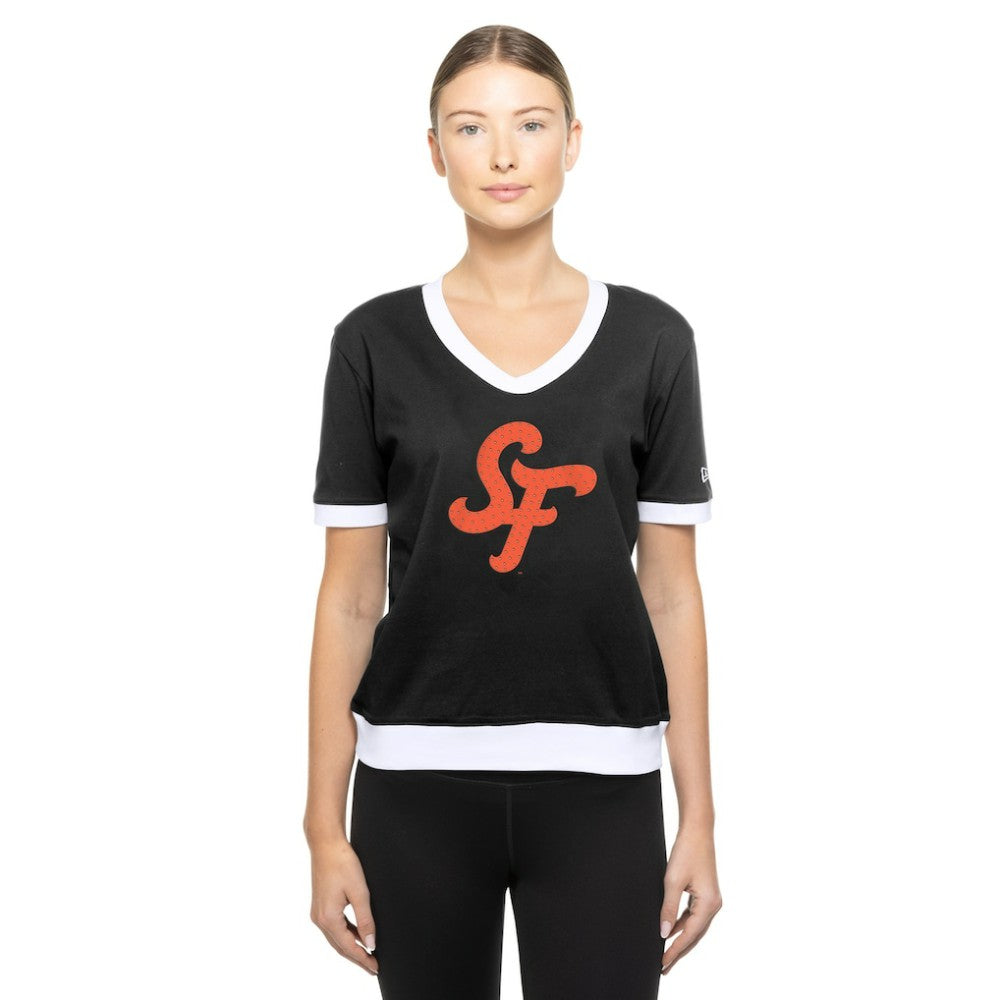 San Francisco Giants Women's 2025 City Connect Rhinestone V-Neck T-Shirt Black | New Era