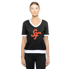 San Francisco Giants Women's 2025 City Connect Rhinestone V-Neck T-Shirt Black | New Era