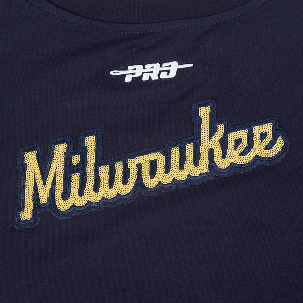 Milwaukee Brewers Pro Standard Women's Game Day Classics Baby Doll Cropped T-Shirt Navy