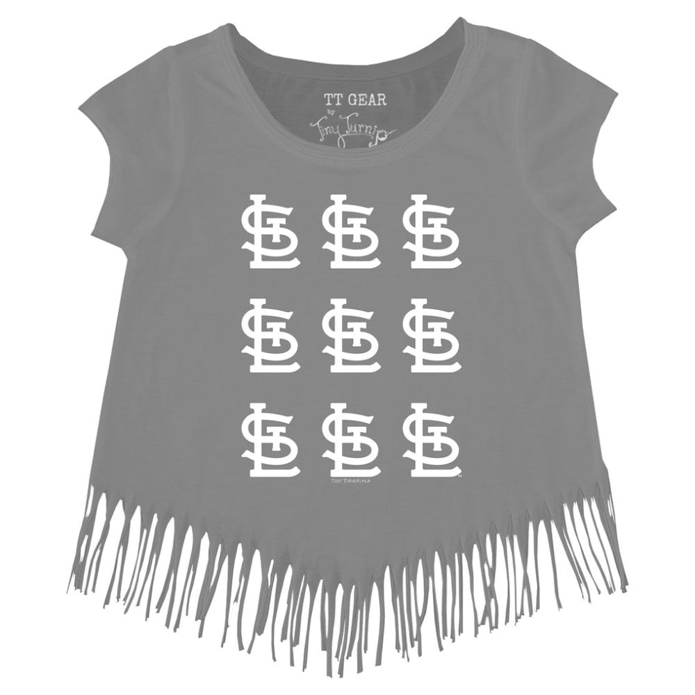 St. Louis Cardinals Tiny Turnip Girls Youth Logo Grid Fringe T-Shirt Gray