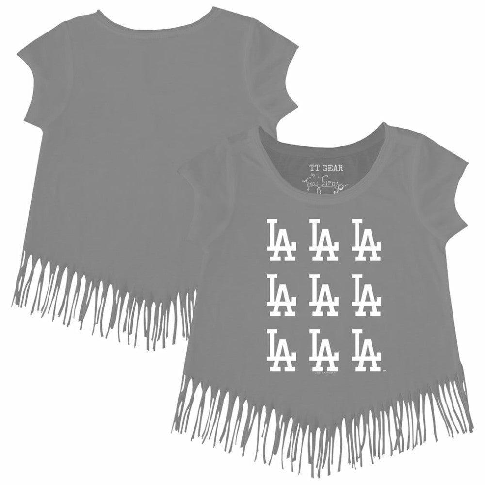 Los Angeles Dodgers Tiny Turnip Girls Youth Logo Grid Fringe T-Shirt Gray