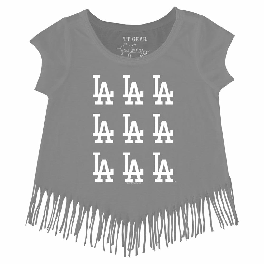 Los Angeles Dodgers Tiny Turnip Girls Youth Logo Grid Fringe T-Shirt Gray